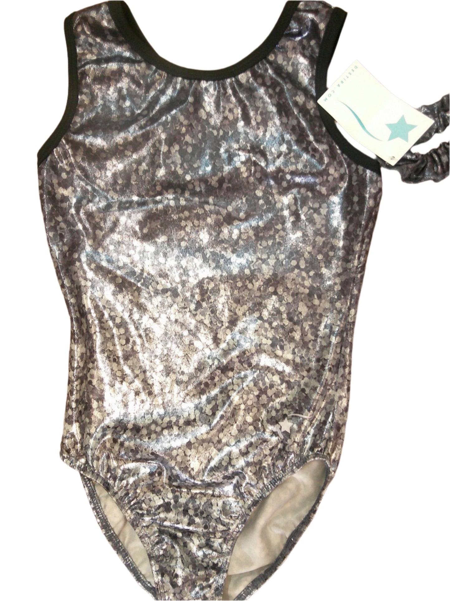 New Gymnastics Leotard Destira Glitter and Glitz Silver Child Large Includes Scrunchie