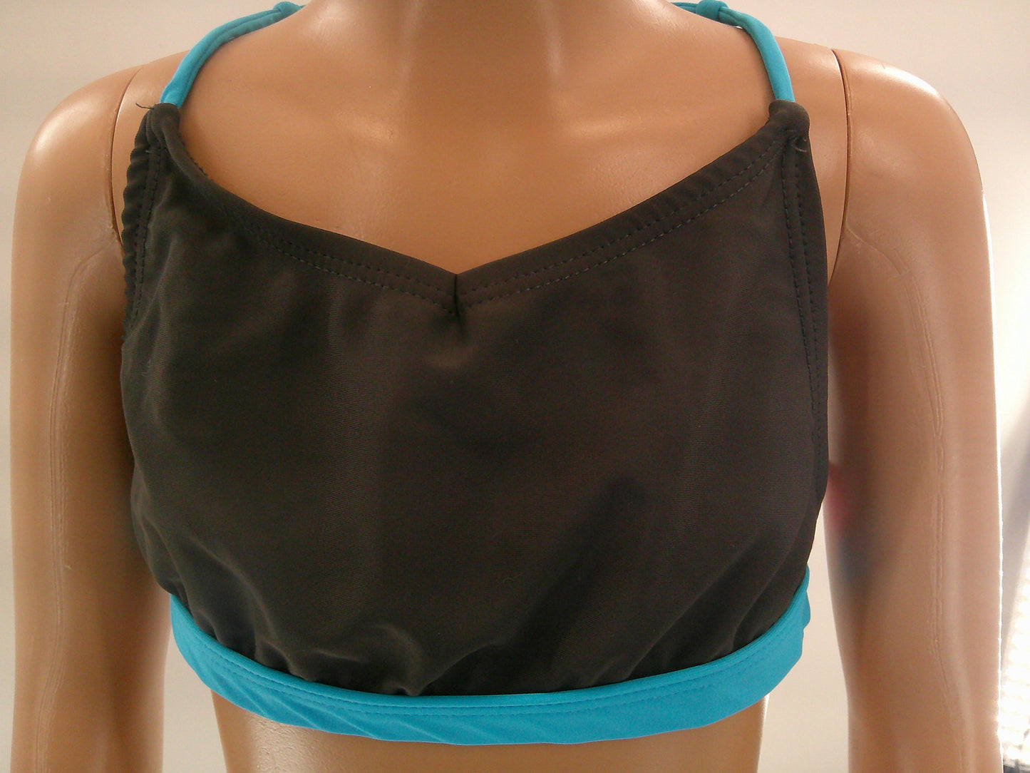 Pre-Owned Crop Top XS Adult Turquoise Black by DM Dancewear Strappy Lycra Jazz