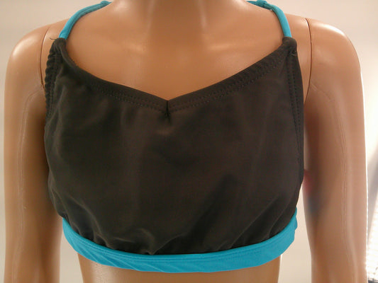 Pre-Owned Crop Top XS Adult Turquoise Black by DM Dancewear Strappy Lycra Jazz