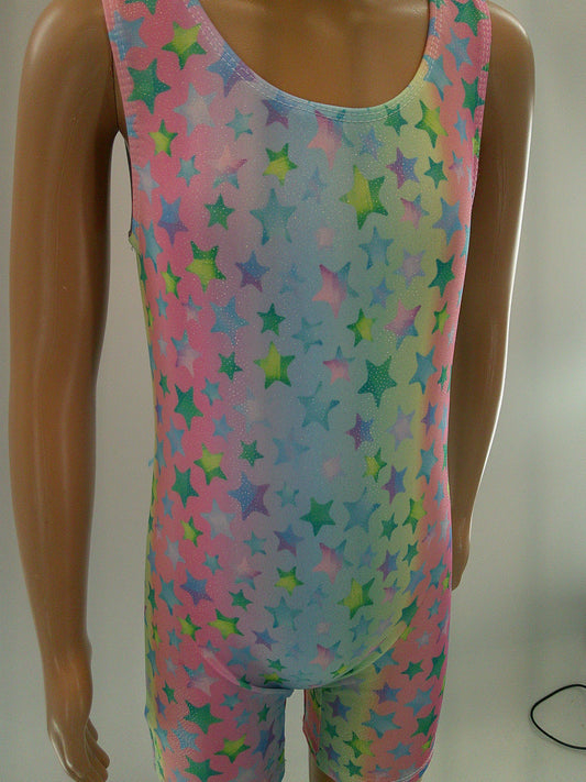 Pre-Owned Gymnastics Leotard Biketard Intermediate Child 6-7 Pastel Rainbow with Stars