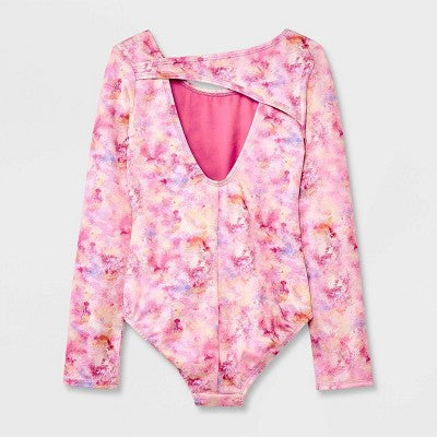 Pre-Owned Leotard Cat & Jack Large Child Pink Print Open Back Long Sleeve Jazz Acro