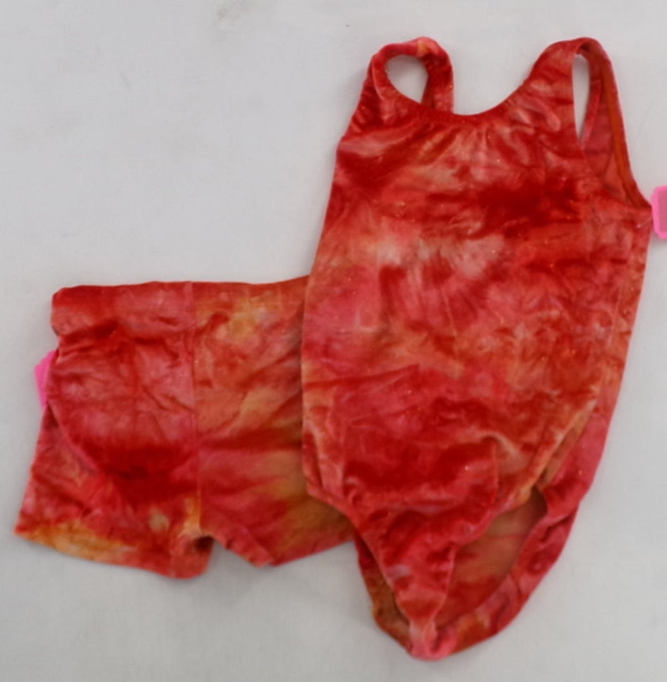 Pre-Owned Gymnastics Leotard Shorts Set Velvet Tie Dye Medium Child