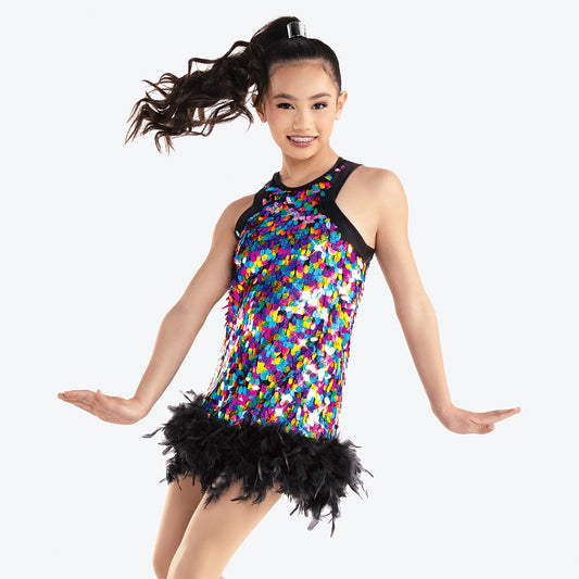 Pre-Owned Costume Large Adult Multi Revolution RC23991 Jazz Tap Musical Theater Feathers Sequin Dress