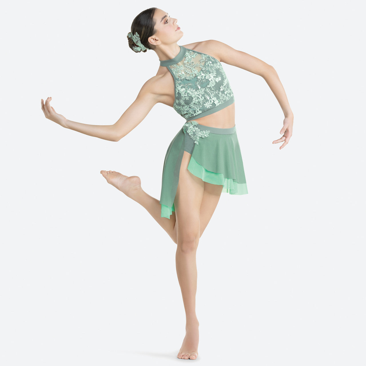 Pre-Owned Costume XL Child Green Revolution RC24589 Lyrical Contemporary Ballet Rhinestone 2 pc Lace