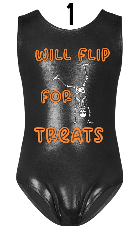 Custom Halloween Gymnastics Leotards - Design 1 Flip for Treats