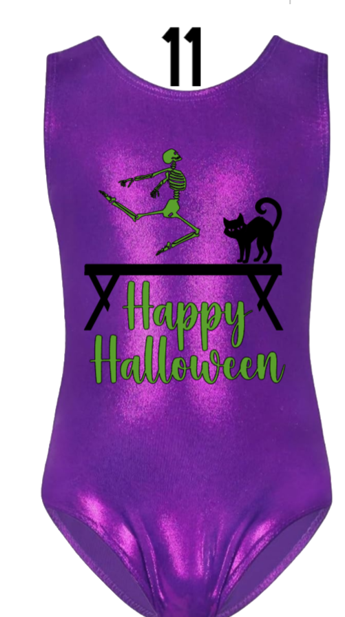 Custom Halloween Gymnastics Leotards - Design 11 Balance Beam Cat Skeleton