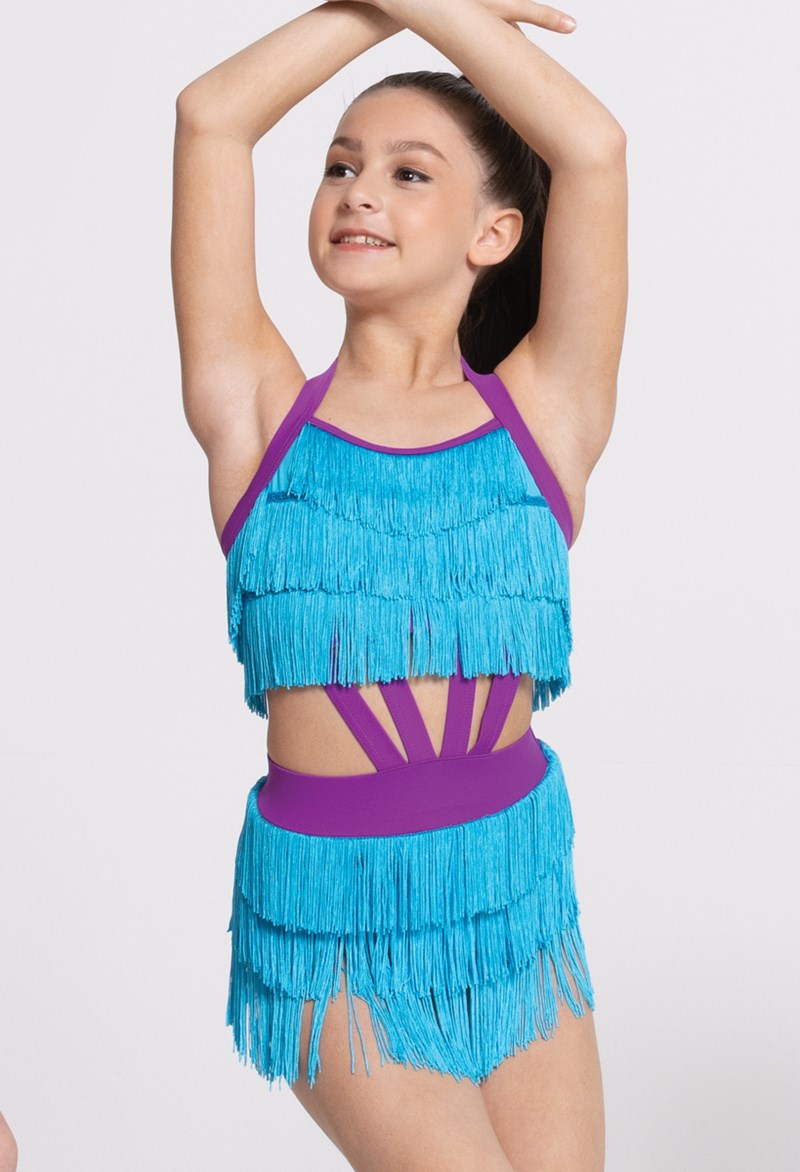 Pre-Owned Costume Weissman   Intermediate Child Turquoise Fringe Jazz Tap Rhinestones 1