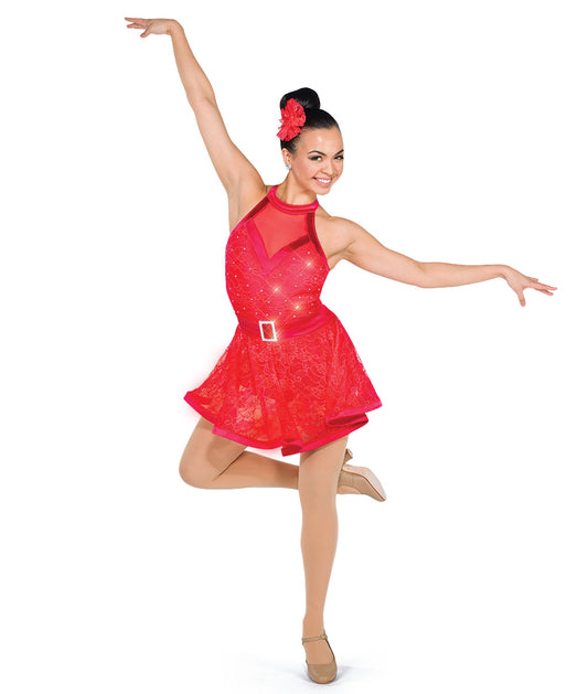 Pre-Owned Costume Large Adult Red A Wish Come True V2308 Jazz Tap Musical Theater Lace Dress Rhinestone