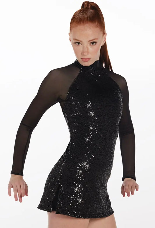 Pre-Owned Costume Medium Child Black Balera D9614 Jazz Tap Clogging Baton Sequin Mesh Dress