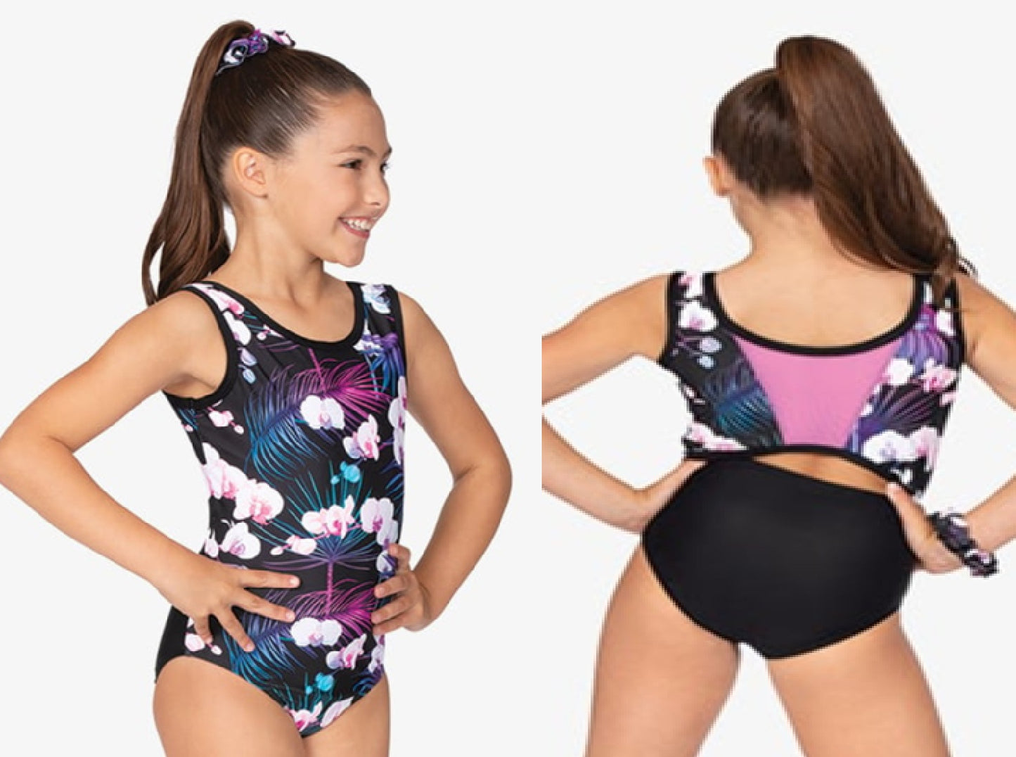 New Gymnastics Leotard Destira Bora Bora Child XL Floral Print Includes Scrunchie