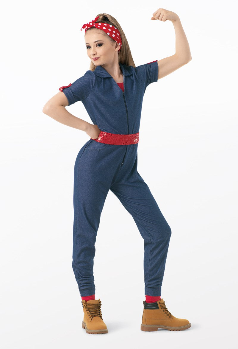 Pre-Owned Costume Weissman  10453 Large Child Blue Jumpsuit Jazz Sequin Rosie The Riveter