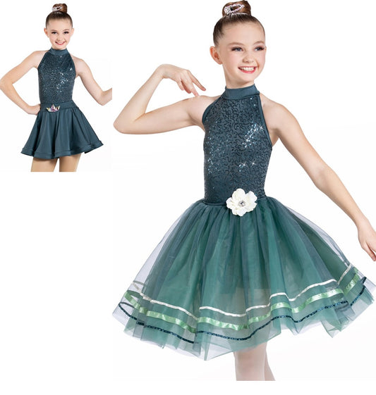 Pre-Owned Costume Weissman  13667 Small Child Green 2 in 1 Biketard Skirt & Tutu Ballet Tap Acro Sequins