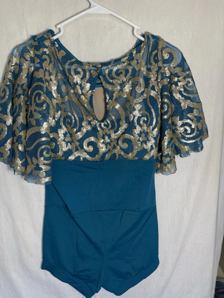 Pre-Owned Costume Medium Adult Teal Weissman 7662 Lyrical Contemporary Jazz Sequin Romper Mesh