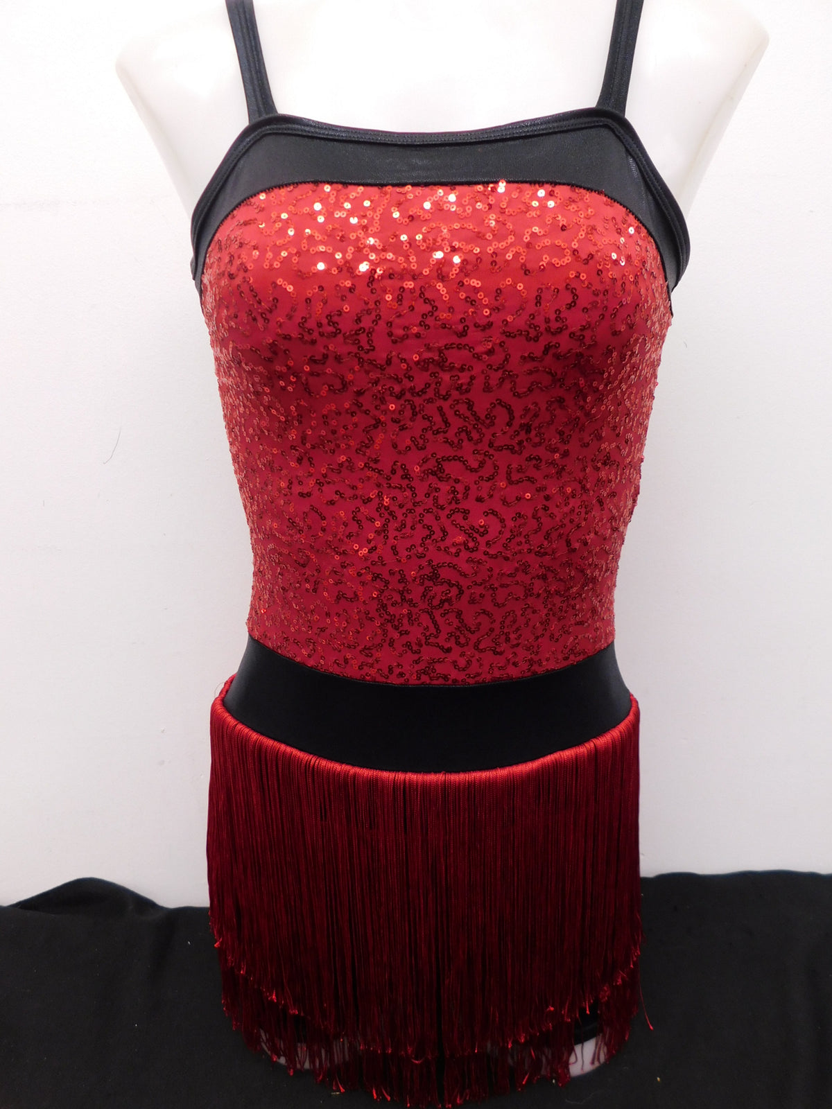 Pre-Owned Costume Small Adult Black Curtain Call E2130 Jazz Tap Musical Theater Latin Fringe Biketard Sequin