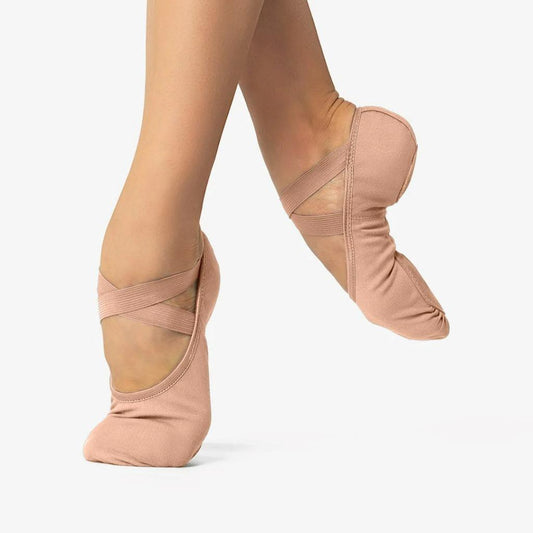 NEW Dance Ballet Shoes SoDanca 1A to 11.5E Sizes Nude Stretch Canvas Pull On Cross Straps Split Sole