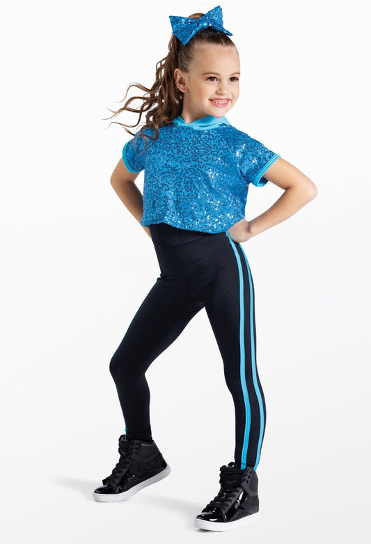 Pre-Owned Costume Weissman 14191 Medium Child Turquoise Unitard & Hoodie Hip Hop Jazz Sequins