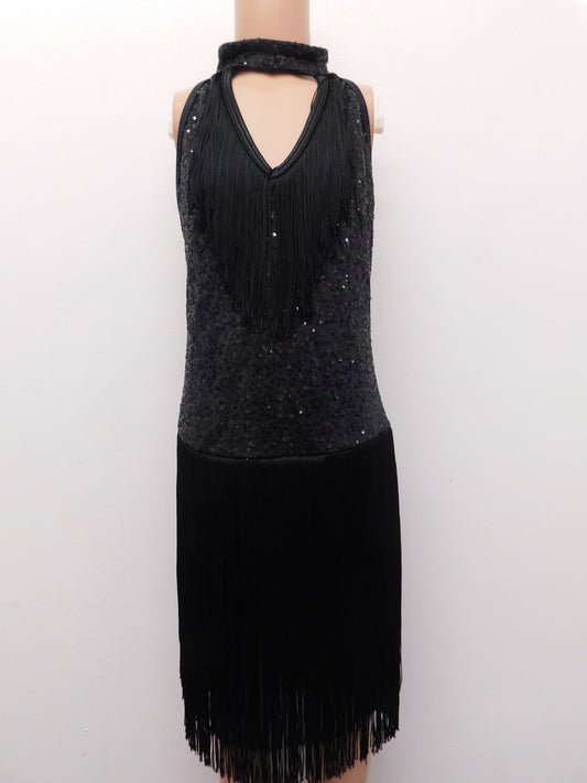 Pre-Owned Costume Curtain Call  J5313 XL Child Black Fringe Jazz Latin Sequins Flapper