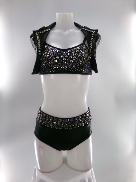 Pre-Owned Costume XLC Child Black Glamour Jazz Acro Contemporary Beading 3 pc Metallic