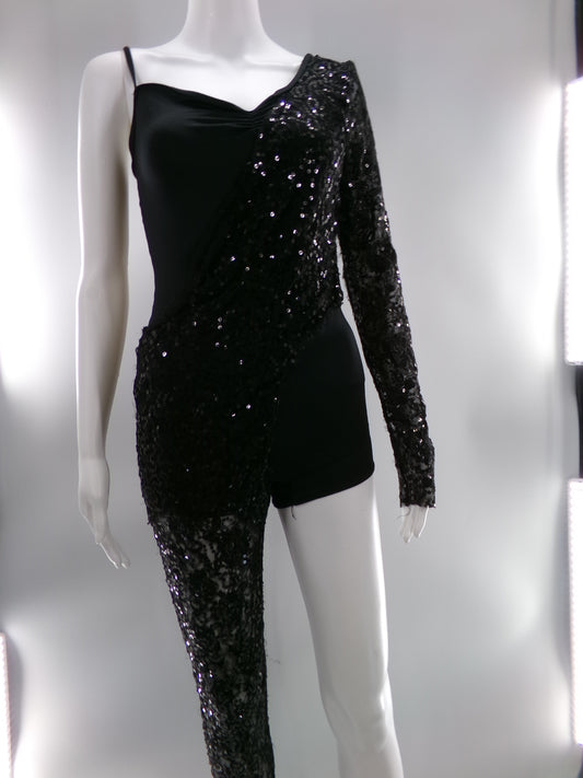 Pre-Owned Costume Medium Adult Black Weissman 8235 Jazz Acro Baton Contemporary Asymmetrical Sequin Unitard