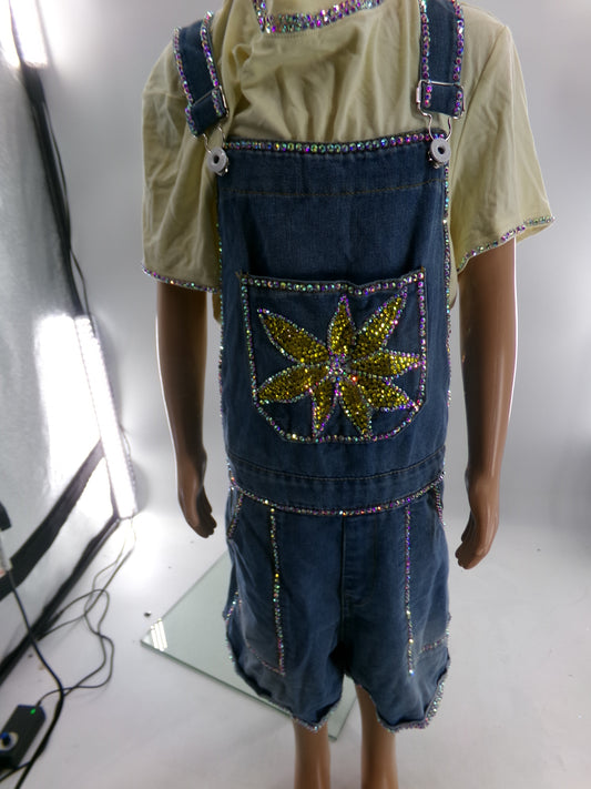 Pre-Owned Costume Large Child Denim Overalls Jazz Tap Clogging Musical Theater Rhinestones Sunflower