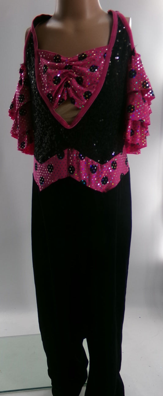 Pre-Owned Costume Large Child Pink Artstone 0513 Jazz Tap Clogging Musical Theater Jumpsuit, polka dots, Sequin