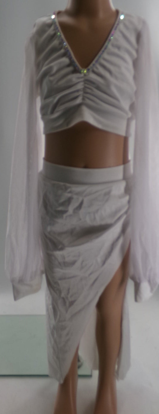 Pre-Owned Costume Large Child White Kelle Lyrical Contemporary Ballet 2pc Rhinestone Long Sleeve
