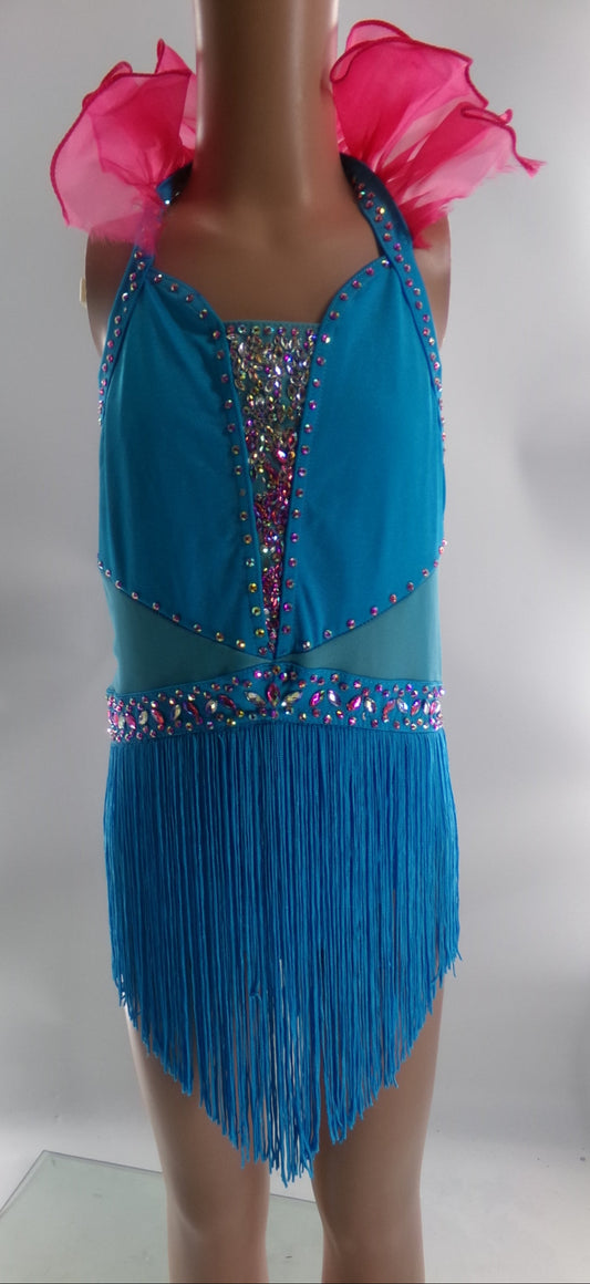 Pre-Owned Costume Medium Child Blue Balera D11359 Jazz Tap Clogging Latin Rhinestones Fringe Ruffles