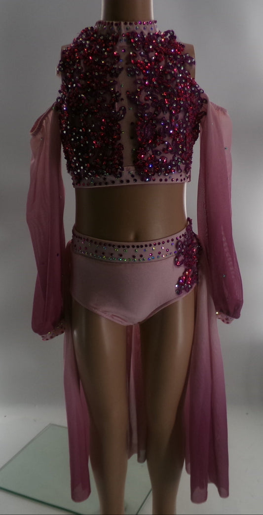 Pre-Owned Costume Medium Child Pink Glamour Lyrical Contemporary Ballet 2 pc Rhinestone Long sleeve