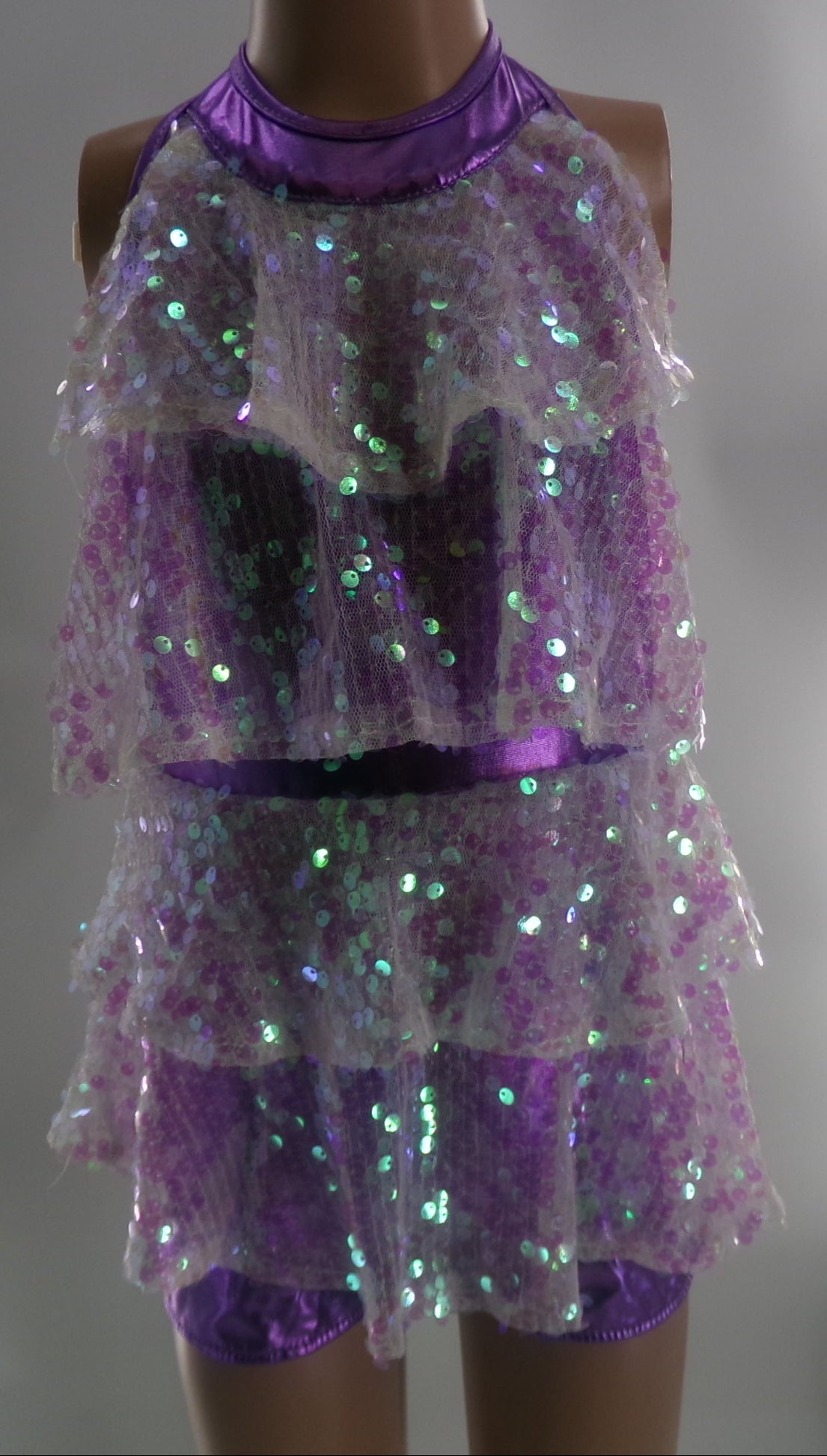 Pre-Owned Costume Medium Child Purple ieffiel Jazz Tap Clogging Biketard Sequin Overlay