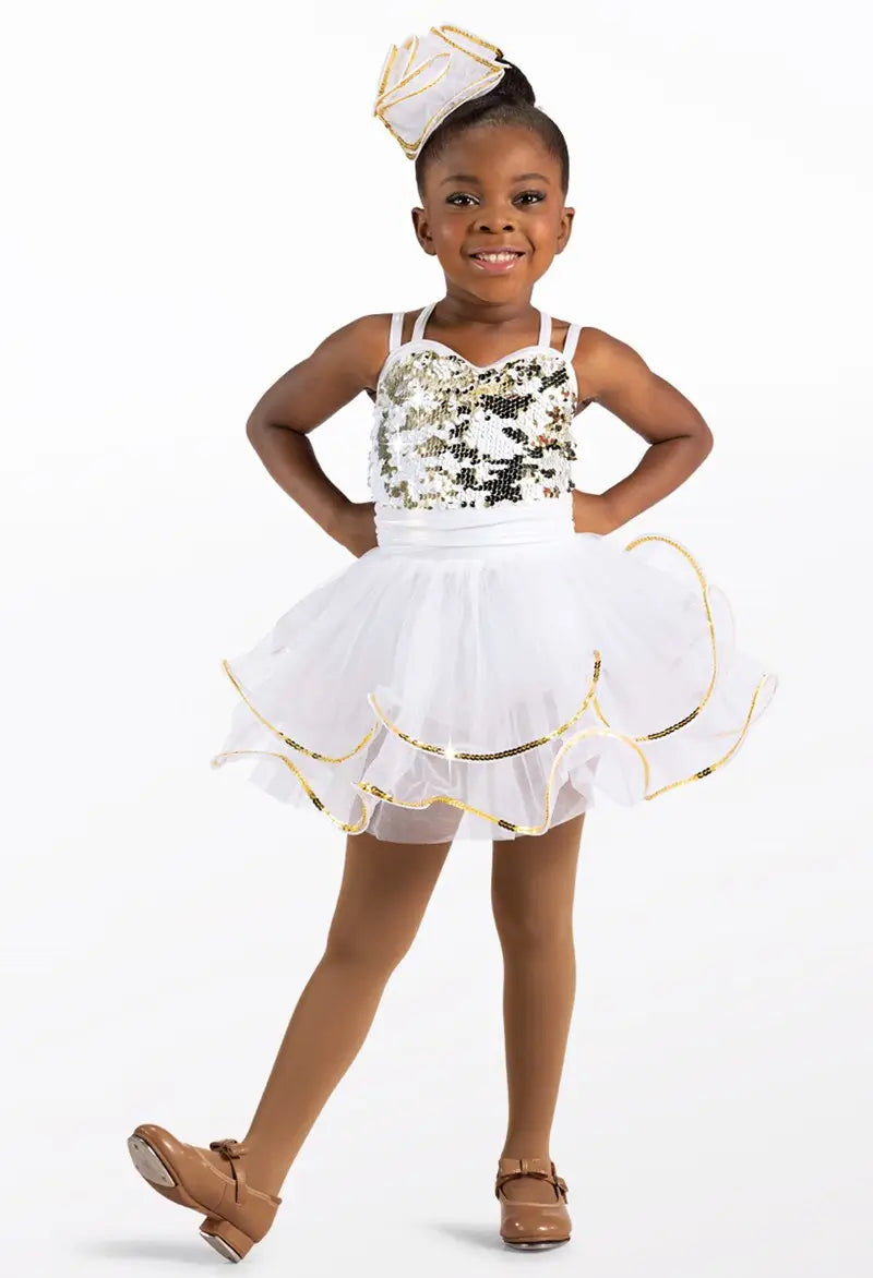 Pre-Owned Costume Medium Child White Weissman 10164 Tap Jazz Dress up Sequin Dress Ruffles