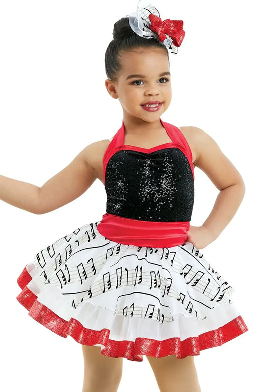 Pre-Owned Costume Large Child Red Weissman 10816 Tap Jazz Musical Theater Sequin Dress Music Notes