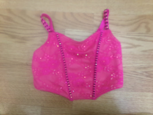 Pre-Owned Crop Top Pink Large Rhinestones Bustier Jazz Modern