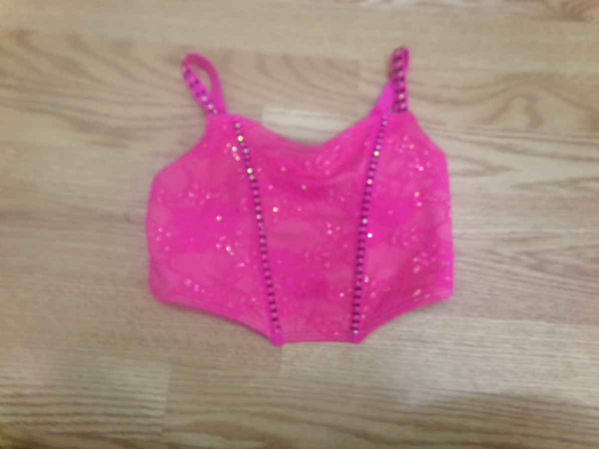 Pre-Owned Crop Top Pink Large Rhinestones Bustier Jazz Modern