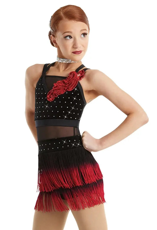 Pre-Owned Costume Medium Adult Red Weissman 11616 Jazz Tap Latin Musical Theater Fringe Velvet Rhinestone