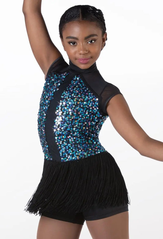 Pre-Owned Costume Medium Adult Blue Weissman 13340 Jazz Tap Clogging Latin Fringe Sequin Biketard