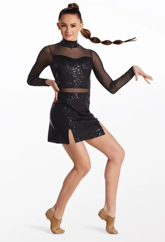 Pre-Owned Costume Small Adult Black Weissman 14494 Jazz Tap Acro Musical Theater Baton Dress Long Sleeve Sequin