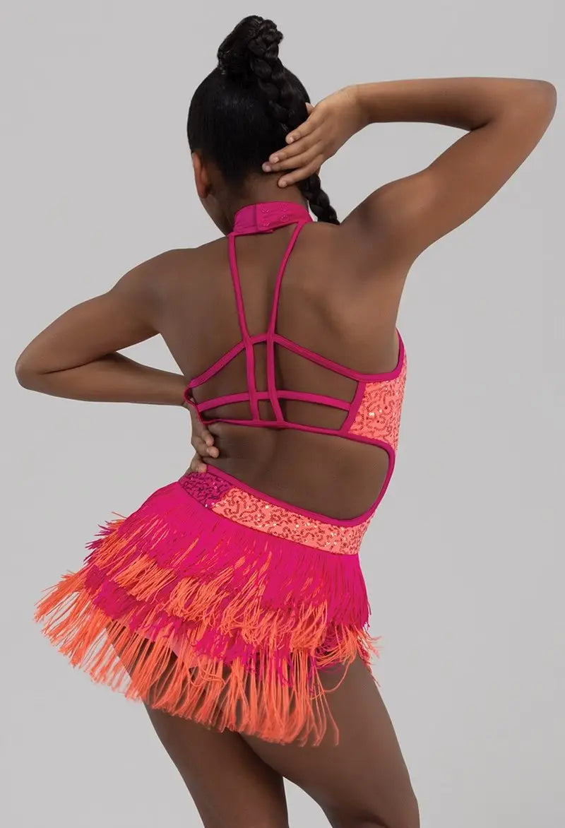 Pre-Owned Costume Intermediate Child Pink Weissman 14802 Jazz Tap Latin Acro Fringe Biketard Rhinestone