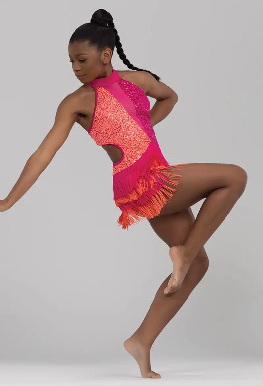 Pre-Owned Costume Intermediate Child Pink Weissman 14802 Jazz Tap Latin Acro Fringe Biketard Rhinestone