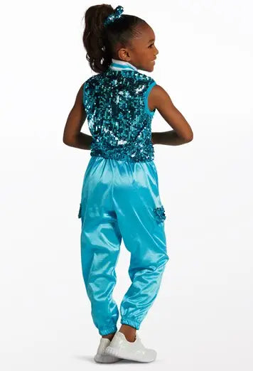 Pre-Owned Costume Medium Child Turquoise Weissman 14974 Hip Hop Jazz Tap Clogging Jumpsuit Sequin