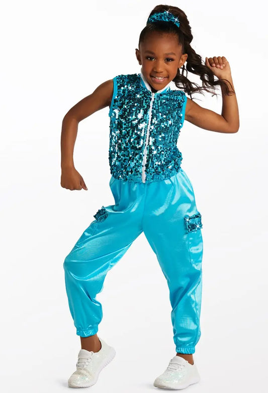 Pre-Owned Costume Large Child Turquoise Weissman 14974 Hip Hop Jazz Tap Clogging Jumpsuit Sequin