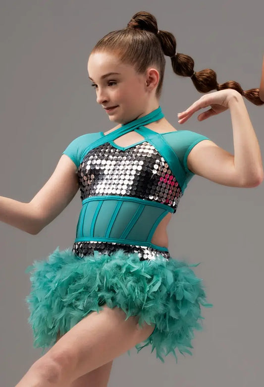 Pre-Owned Costume Large Child Green Weissman 15568 Jazz Tap Acro Musical Theater Feathers Sequins