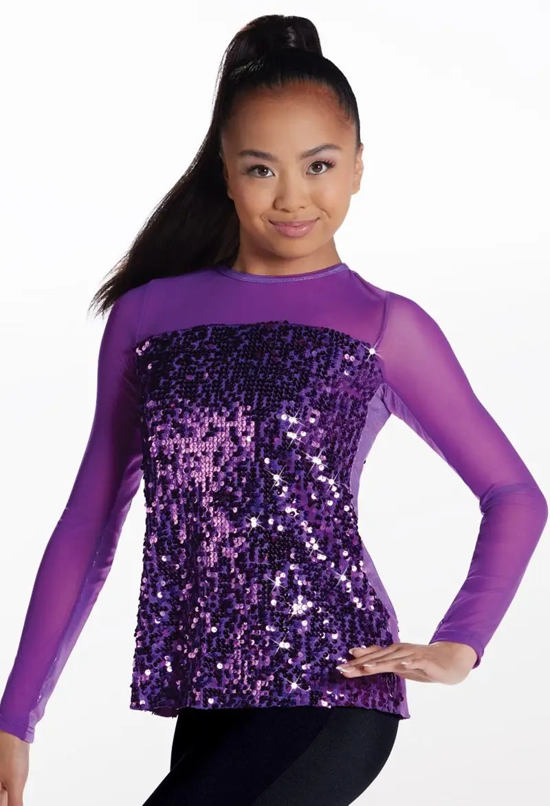 Pre-Owned Costume Medium Child Purple Weissman 16344 Jazz Tap Clogging Baton Top Long Sleeve Sequin