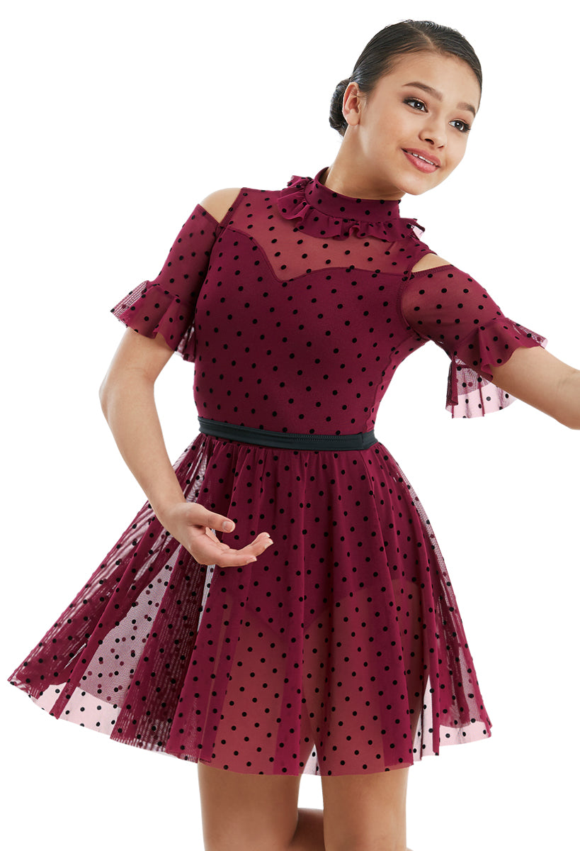 Pre-Owned Costume Lyrical Large Child Burgundy Weissman Dress Ruffles Dots Contemporary Jazz Musical Theater