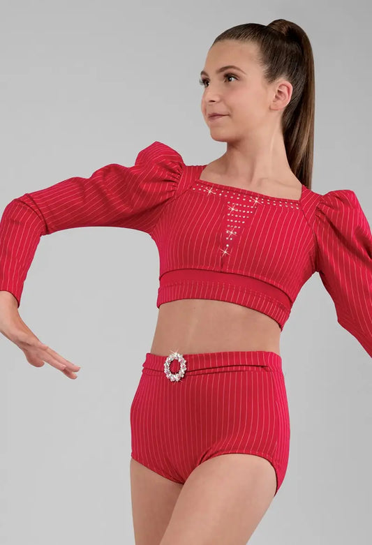 Pre-Owned Costume Small Child Red Weissman 16760 Jazz Tap Musical Theater 2 pc Pin Stripes Puffy Sleeves