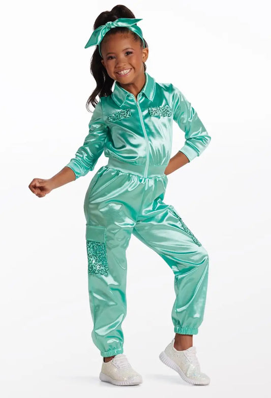 Pre-Owned Costume Medium Child Teal Weissman 17354 Hip Hop Jazz Clogging Sequin Satin Jumpsuit