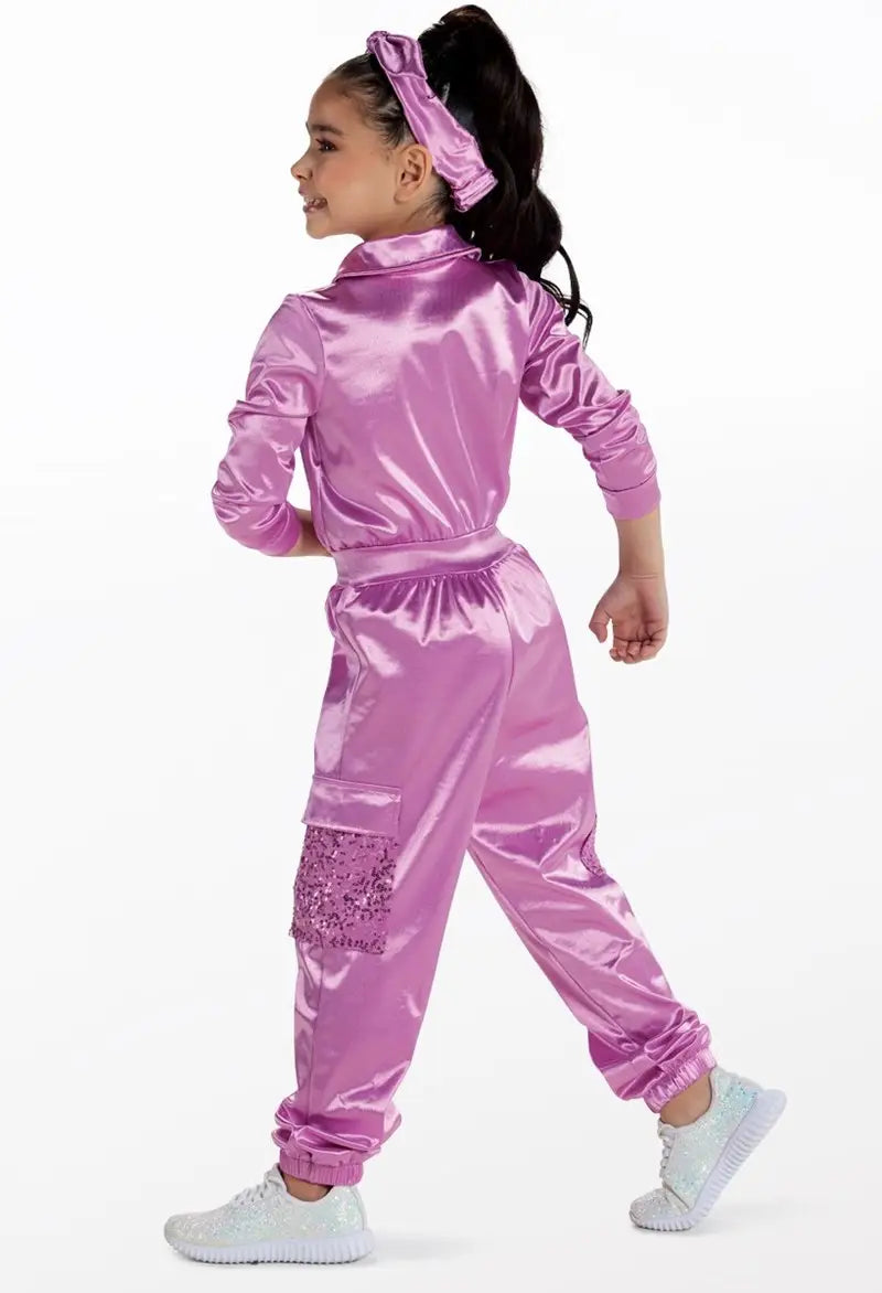 Pre-Owned Costume Medium Child Teal Weissman 17354 Hip Hop Jazz Clogging Sequin Satin Jumpsuit