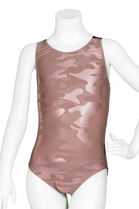 New Gymnastics Leotard Destira Rose Gold Camo Child Large Includes Scrunchie