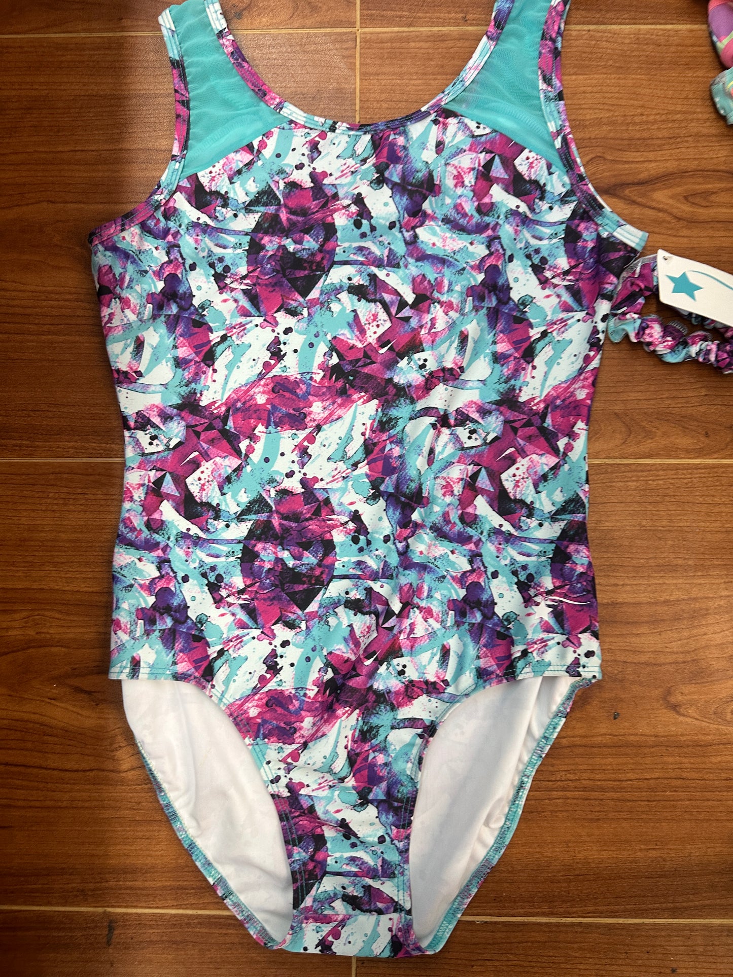 New Gymnastics Leotard Destira Adult Large Mystic Sea Teal Purple Print Mesh Shoulders