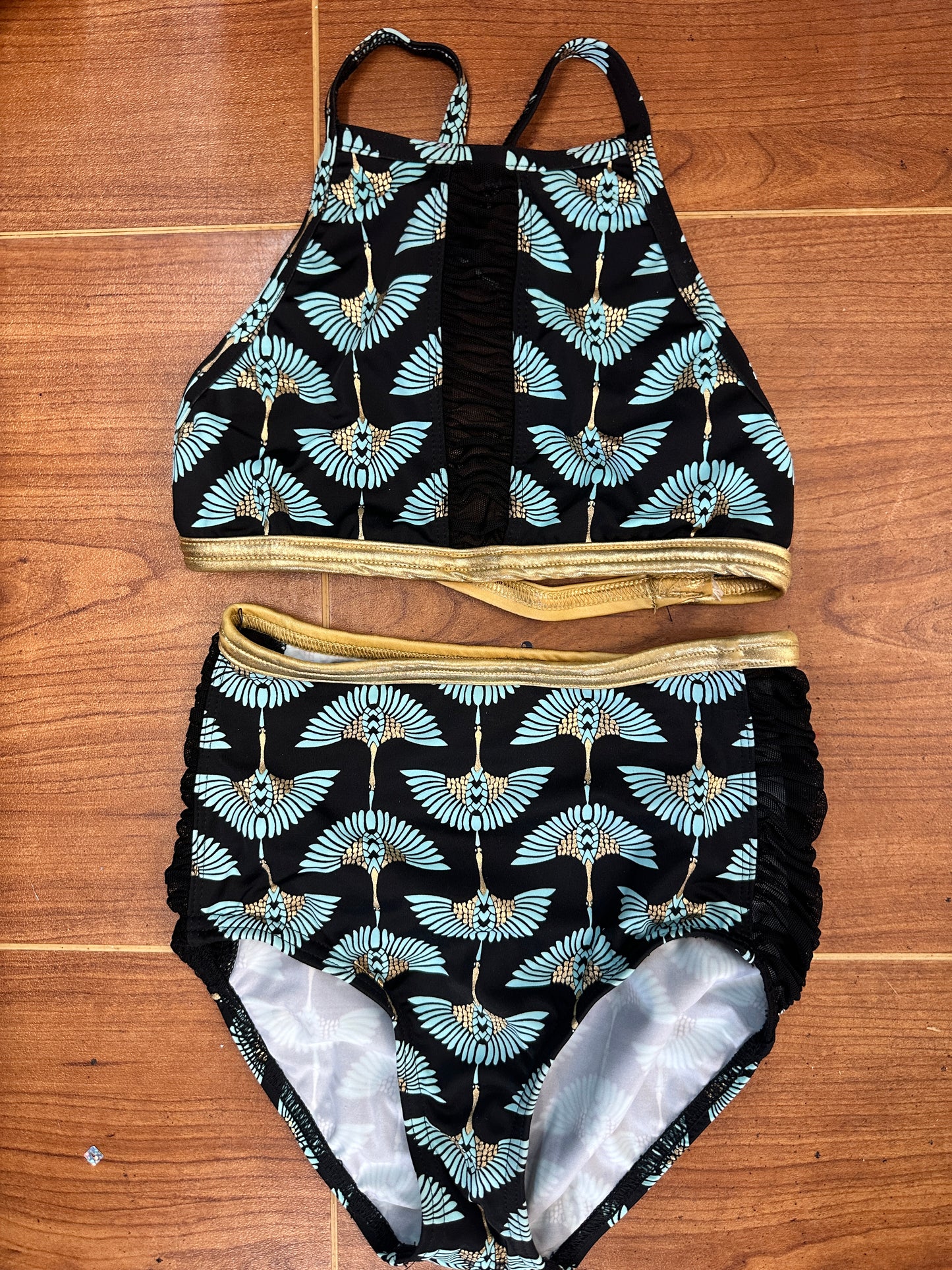 NEW SET CoCo Large Child Swan Black Blue Crop Top and Trunks Jazz