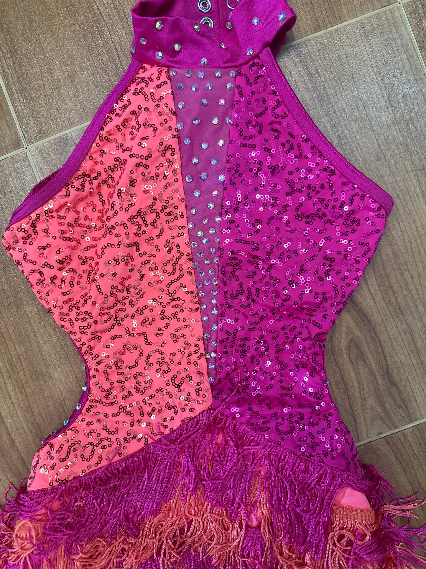 Pre-Owned Costume Intermediate Child Pink Weissman 14802 Jazz Tap Latin Acro Fringe Biketard Rhinestone